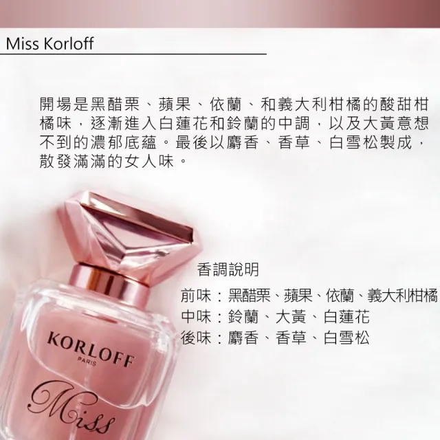 即期品【Korloff PARIS】Miss Korloff 女性淡香精 50ml(專櫃公司貨)