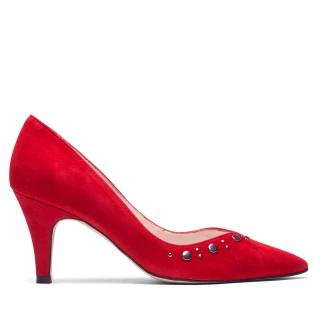 【MISWEAR】女-跟鞋-ELODIE 麂皮鉚釘尖頭高跟鞋-紅