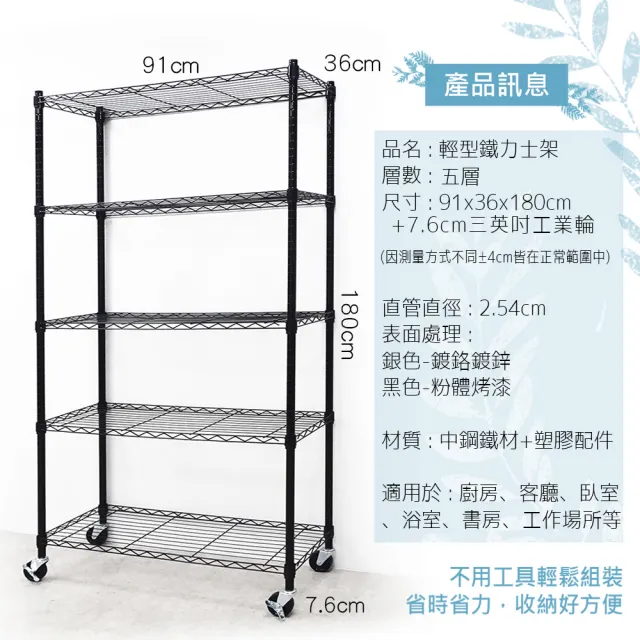 【yo-life】100%台灣製 五層超實用鐵力士置物架-贈工業輪(91x36x180cm)
