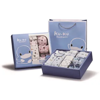 【KU.KU. 酷咕鴨】北歐迷境森林懶人包巾豪華彌月禮盒16件組(藍/粉)