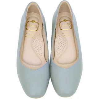 【Ann’S】奶奶鞋-V型小羊皮真皮方頭平底鞋(灰藍)