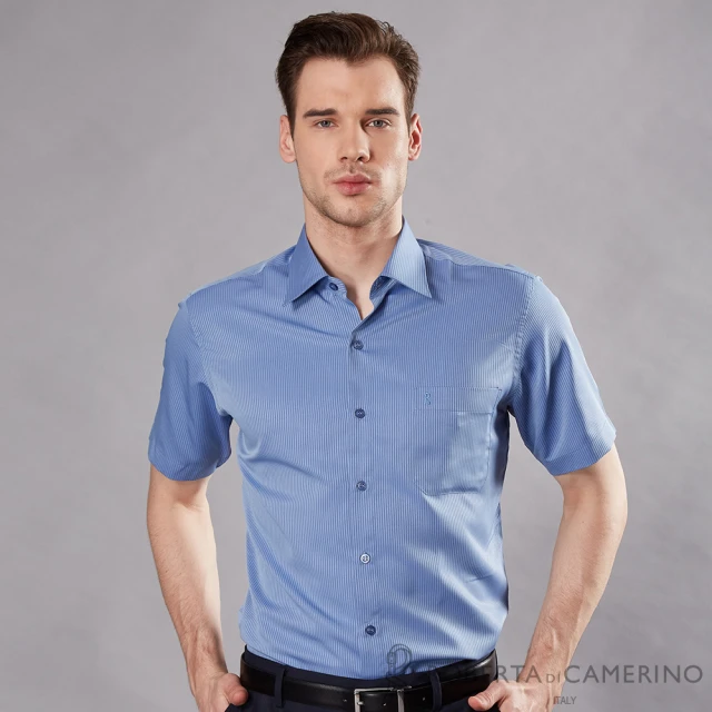 【ROBERTA 諾貝達】台灣製 合身版 吸濕速乾 商務條紋短袖襯衫(藍色)