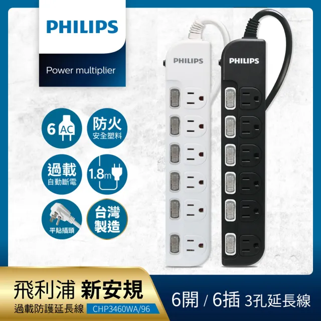 【Philips 飛利浦】過載防護型 6開6插3孔延長線 1.8米(黑白2色可選)