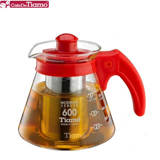 【Tiamo】兩用耐熱玻璃壺-附不鏽鋼濾網 600cc-紅色(HG2216R)