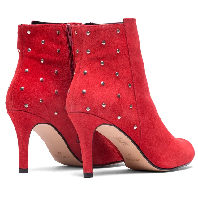 【MISWEAR】女-靴子-麂皮鉚釘細跟踝靴-紅