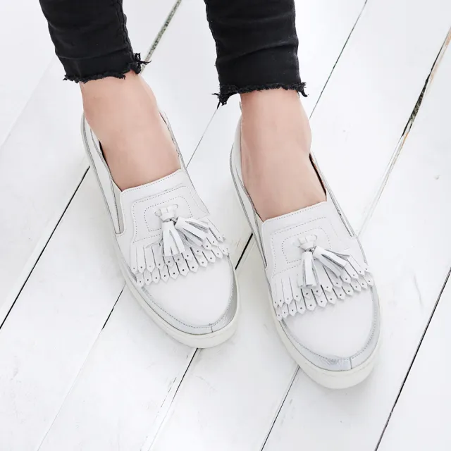 【G.Ms.】MIT系列-流蘇拼接雙色牛皮厚底休閒鞋(黑色/白色/銀色)