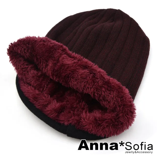 【AnnaSofia】加厚絨毛套頭貼頭毛帽-直條點色H銅標 現貨(深酒紅系)