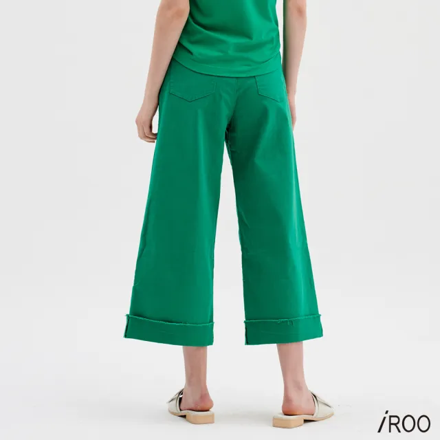 【iROO】綠色反折九分寬褲