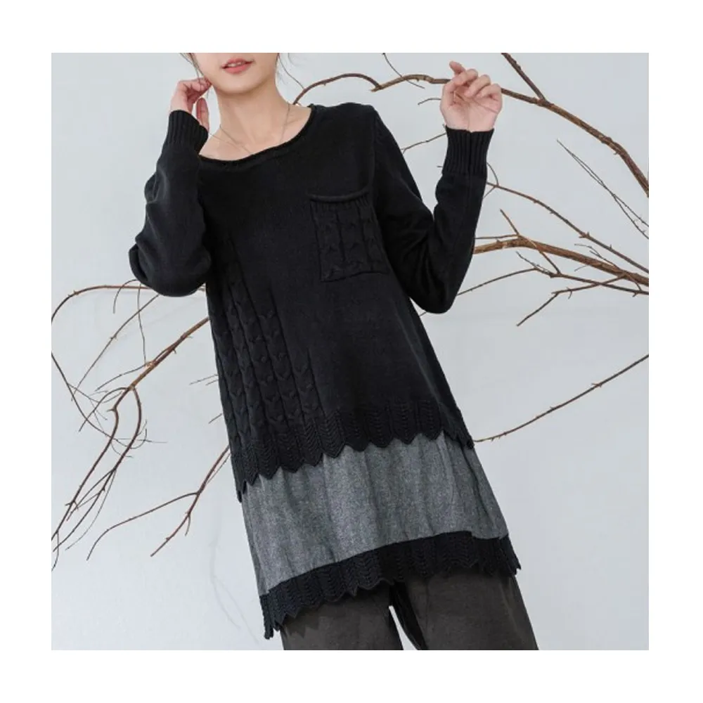 【慢。生活】韓版麻花造型假兩件拼接針織毛衣-F(黑)
