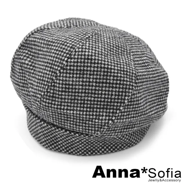 【AnnaSofia】保暖畫家帽貝蕾帽-毛料小千鳥格 現貨(黑白系)