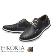 【HIKOREA】韓國空運/版型正常。男款簡約拼接皮革縫線裝飾船型休閒鞋 正裝 厚底(73-393共2色/現貨+預購)