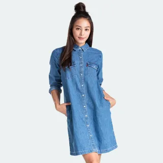 【LEVIS 官方旗艦】女款 牛仔洋裝 / 高質感珍珠釦 / 精工中藍染水洗 人氣新品 85793-0000