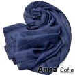 【AnnaSofia】圍巾披肩-清新立體方摺 拷克邊棉麻感 現貨(藏藍系)