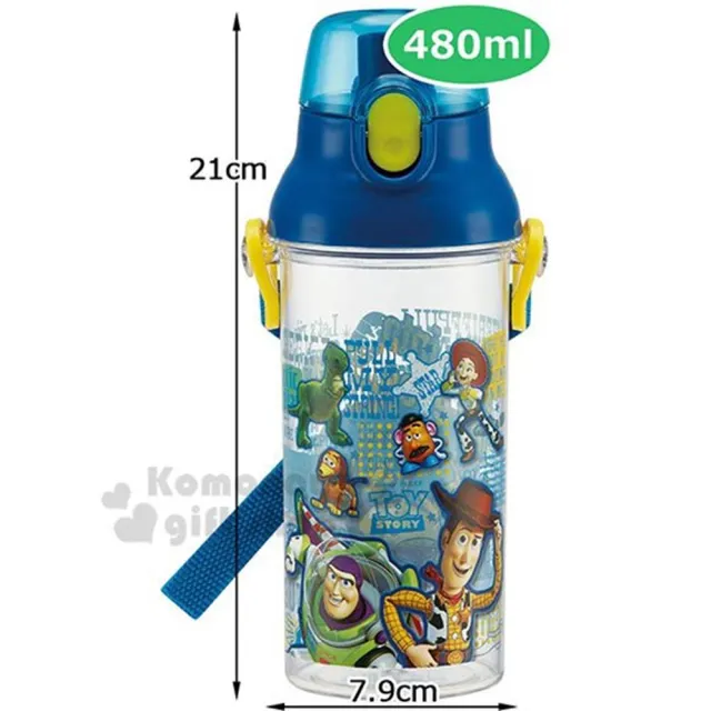 【小禮堂】Disney 迪士尼 玩具總動員 日本製直飲式水壺附背帶《藍.透明》480ml.兒童水壺.隨身瓶