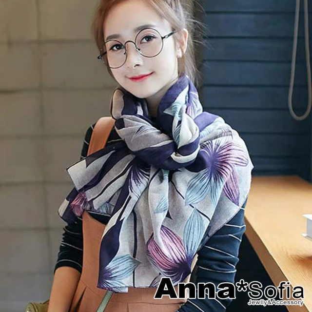 AnnaSofia 仿羊絨大披肩圍巾-親膚簡約素色雙面(藍+