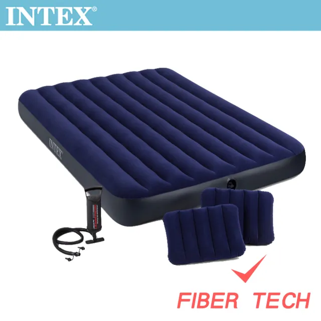 【INTEX 原廠公司貨】經典雙人加大fiber-tech充氣床墊-寬152cm-特惠組合(附手壓幫浦+枕頭*2_64765)