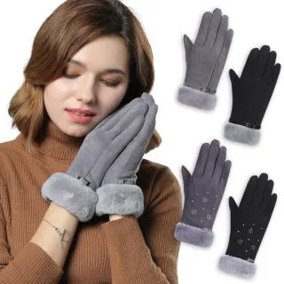 【幸福揚邑】麂皮加絨雪地保暖防風機車觸控手套-毛邊款