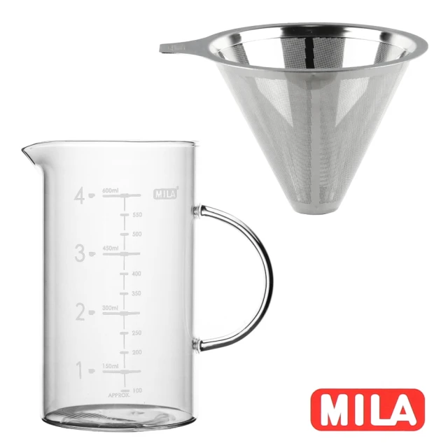 【MILA】不鏽鋼咖啡濾網+玻璃量杯650ml(超值優惠組)