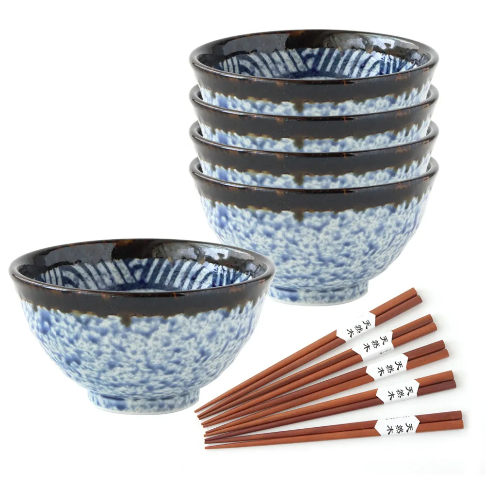 【Just Home】日本製藍彩浪紋陶瓷餐具10件組(飯碗+筷  經典浪紋花紋 可微波)