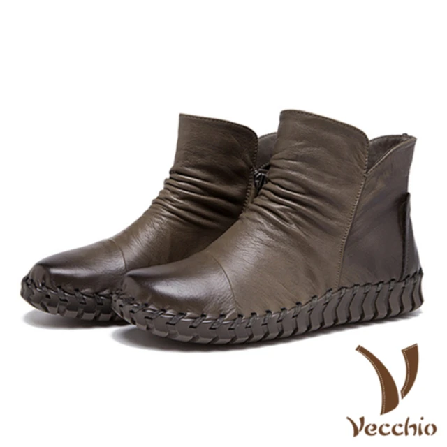 【Vecchio】真牛皮手工縫線百搭基本款舒適平底短靴(棕)