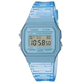 【CASIO 卡西歐】透明感方形復古運動電子錶-藍(F-91WS-2)