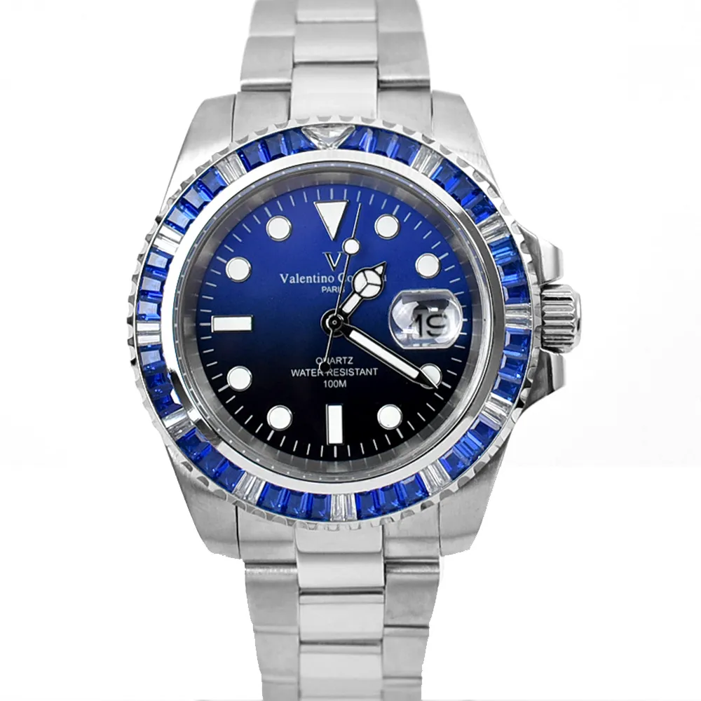 【Valentino Coupeau】藍白雙色鋯石鋼錶(水鬼錶)