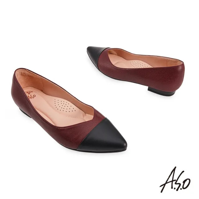 【A.S.O 阿瘦集團】健步通勤極簡拼接壓紋羊皮低跟鞋(暗紅)