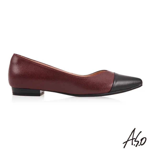 【A.S.O 阿瘦集團】健步通勤極簡拼接壓紋羊皮低跟鞋(暗紅)