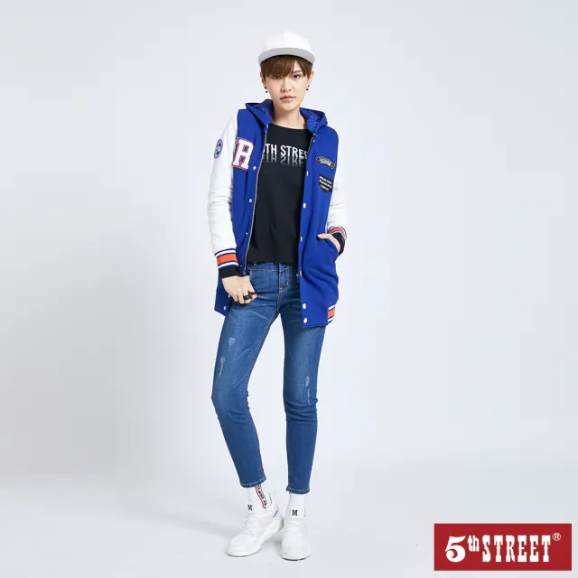 【5th STREET】女可拆帽長版棒球外套-土耳其藍