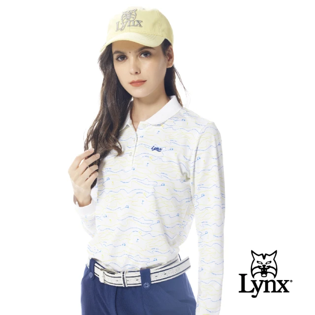 Lynx Golf 女款吸濕排汗滿版亮色系線條球車果嶺圖樣印花長袖POLO衫(白色)