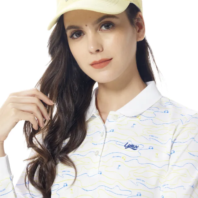 【Lynx Golf】女款吸濕排汗滿版亮色系線條球車果嶺圖樣印花長袖POLO衫(白色)