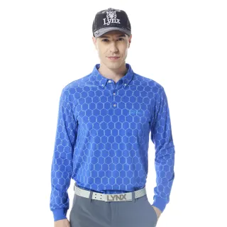【Lynx Golf】男款吸濕排汗滿版六角蜂巢圖樣胸袋山貓繡花款長袖POLO衫/高爾夫球衫(藍色)