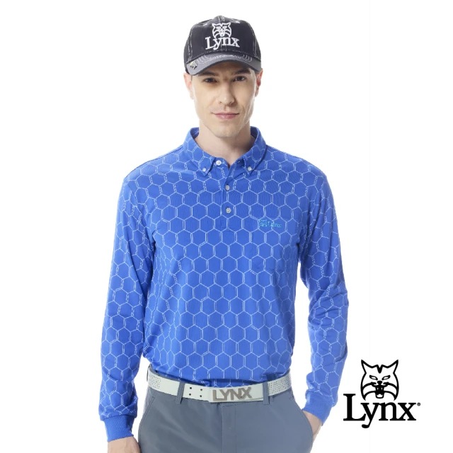 【Lynx Golf】男款吸濕排汗滿版六角蜂巢圖樣胸袋山貓繡花款長袖POLO衫/高爾夫球衫(藍色)
