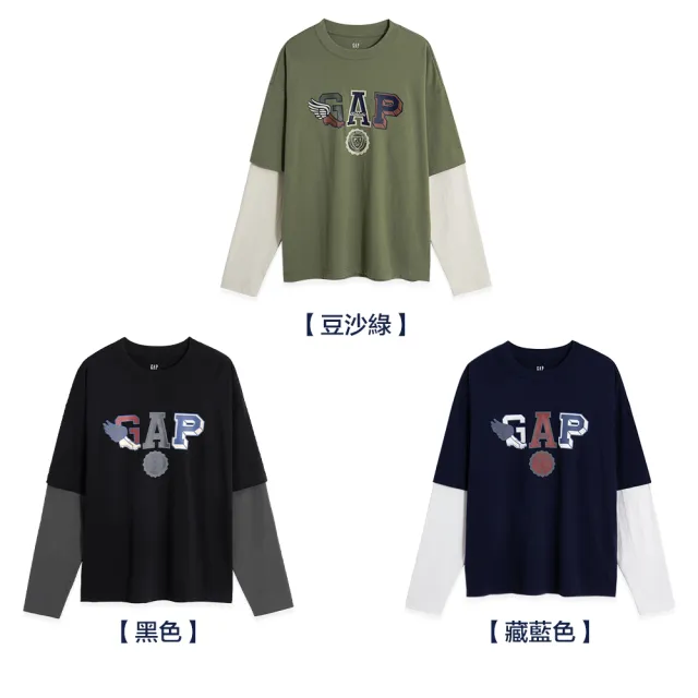 【GAP】男裝 Logo純棉印花假兩件圓領長袖T恤-多色可選(773173)