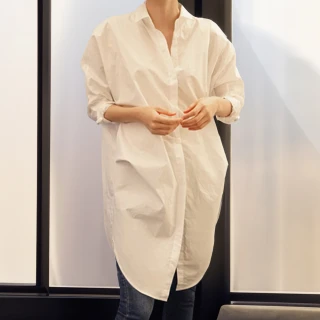 【ACheter】韓版氣質寬鬆BF風純白外搭長版長袖襯衫上衣#113828(白色)
