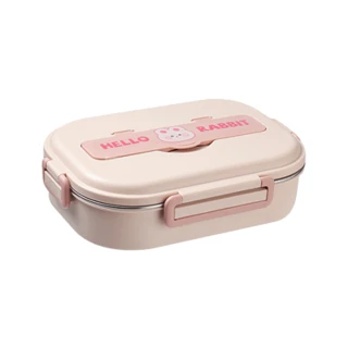 【Mega】可愛粉色小兔五格便當盒 學生分隔便當盒 附餐具+湯碗+餐袋(飯盒 餐盒 保溫 餐盤 便當袋)