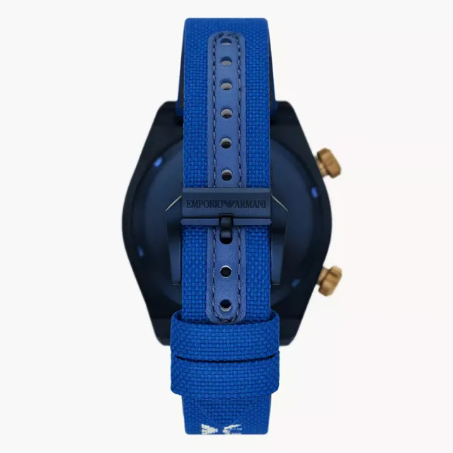 【EMPORIO ARMANI】亞曼尼 雙時區蔚藍帆布手錶-43mm 錶 生日禮 送禮(AR11564)