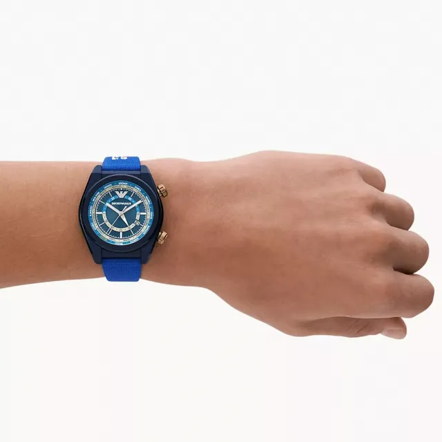 【EMPORIO ARMANI】亞曼尼 雙時區蔚藍帆布手錶-43mm 錶 生日禮 送禮(AR11564)