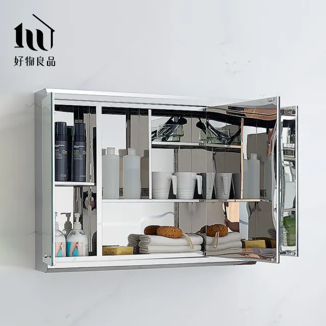 【好物良品】100x70x13cm_304不鏽鋼掛牆式三開門極簡浴室收納鏡櫃(浴室鏡櫃 浴室收納 鏡櫃 304不銹鋼)