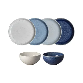 【DENBY】藍色藝匠4色早餐邊盤+2色湯碗-礦石白+鈷藍