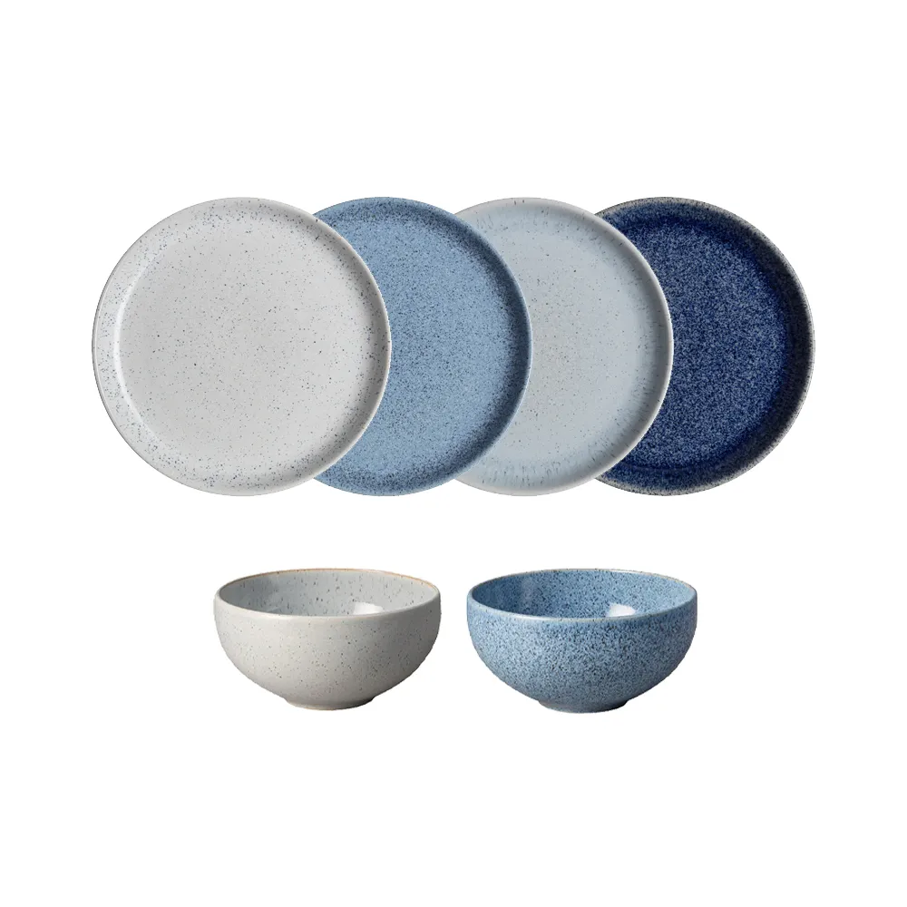 【DENBY】藍色藝匠4色早餐邊盤+2色湯碗-礦石灰+灰藍