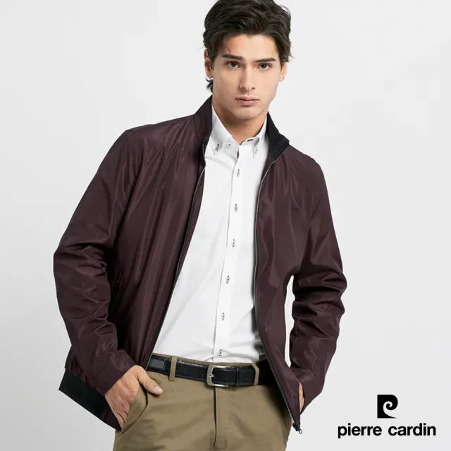 【pierre cardin 皮爾卡登】網路獨家 男款 防風防撥水格紋立領夾克外套-暗紅色(7215663-79)