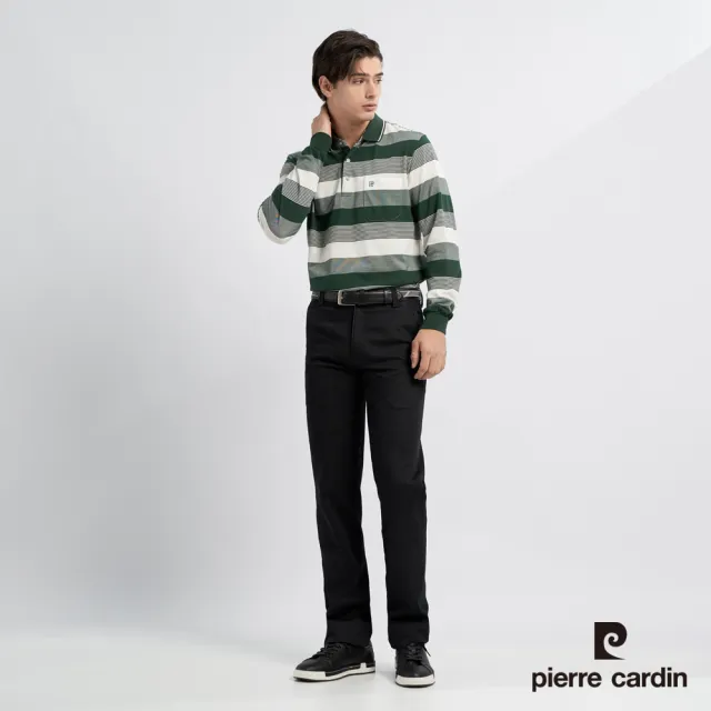 【pierre cardin 皮爾卡登】網路獨家 男款 棉質混紡網眼條紋薄長袖POLO衫-墨綠色(7225265-48)