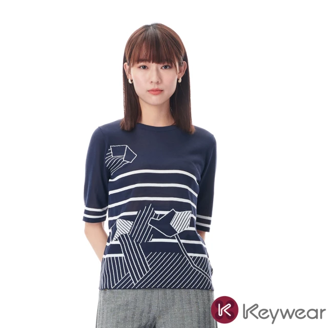 【KeyWear 奇威名品】引塔夏優雅幾何短袖針織上衣
