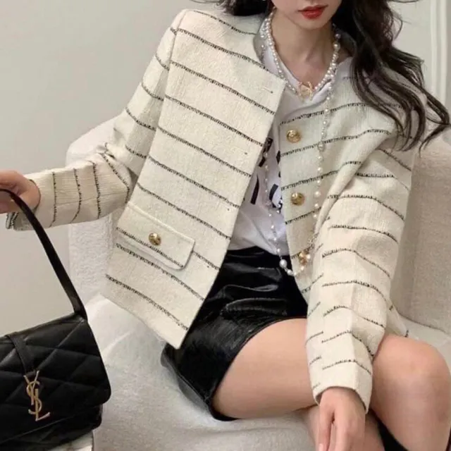 【BBHONEY】橫條紋金釦小香風女西裝外套(白/黑)