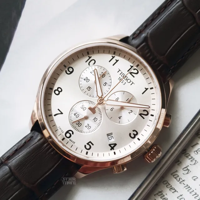 【TISSOT 天梭】Chrono XL 玫瑰金框 白面 咖啡皮革手錶 男錶 母親節(T116.617.36.037.00)
