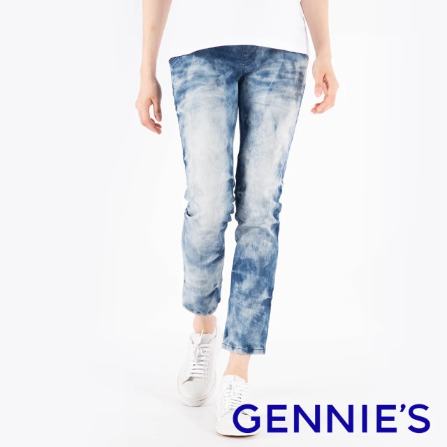 【Gennies 奇妮】復古刷白牛仔褲-藍(孕婦褲 長褲 抓皺 後雙口袋 一體成型 無痕褲頭)