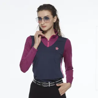 【Lynx Golf】女款合身款假兩件式條紋配布長袖立領POLO衫/高爾夫球衫(深藍色)