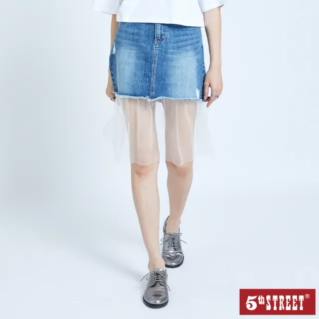 【5th STREET】女裝 短裙 牛仔短裙 紗裙 深藍(980028)