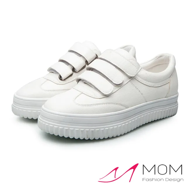 【MOM】真皮經典小白鞋款魔鬼粘休閒鞋(白)
